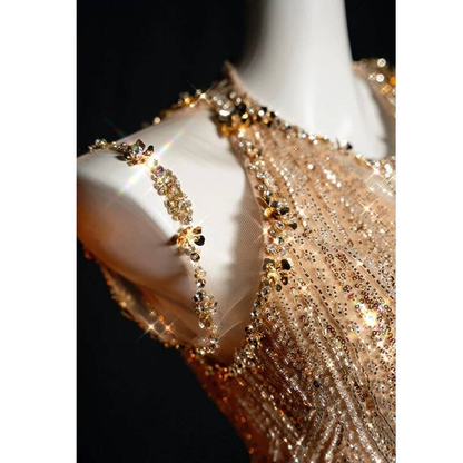 Sexy Meerjungfrau Jewel Ärmellose Pailletten Gold Lange Ballkleider Partykleid 21. Geburtstag Outfits Abschlusskleid AU271