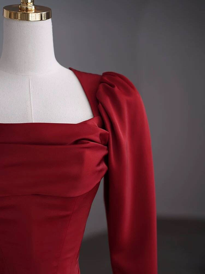 Modest Mermaid Square Neck Red Satin Long Prom Dresses Inspiration Party Dress Princess Graduation Dress AU272