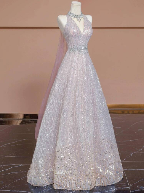Sexy Ballkleid mit V-Ausschnitt, hellrosa, ärmellos, Pailletten, lange Ballkleider, Partykleid, 21. Geburtstag, Outfits, Abschlusskleid AU273