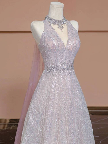 Sexy Ballkleid mit V-Ausschnitt, hellrosa, ärmellos, Pailletten, lange Ballkleider, Partykleid, 21. Geburtstag, Outfits, Abschlusskleid AU273