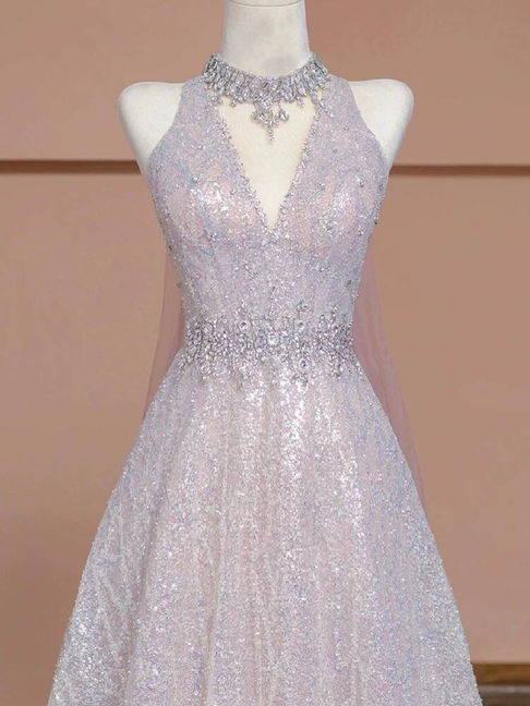 Sexy Ballkleid mit V-Ausschnitt, hellrosa, ärmellos, Pailletten, lange Ballkleider, Partykleid, 21. Geburtstag, Outfits, Abschlusskleid AU273