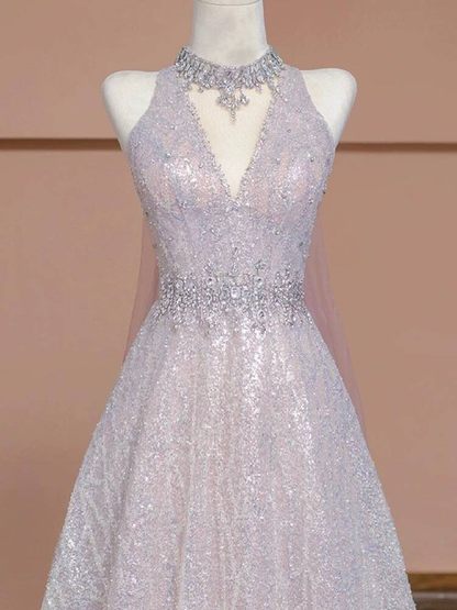 Sexy Ballkleid mit V-Ausschnitt, hellrosa, ärmellos, Pailletten, lange Ballkleider, Partykleid, 21. Geburtstag, Outfits, Abschlusskleid AU273