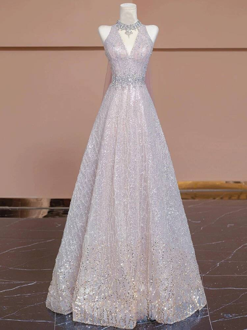 Sexy Ballkleid mit V-Ausschnitt, hellrosa, ärmellos, Pailletten, lange Ballkleider, Partykleid, 21. Geburtstag, Outfits, Abschlusskleid AU273