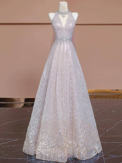 Sexy Ballkleid mit V-Ausschnitt, hellrosa, ärmellos, Pailletten, lange Ballkleider, Partykleid, 21. Geburtstag, Outfits, Abschlusskleid AU273