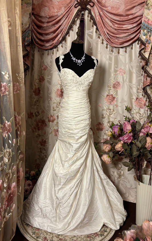 Vintage Mermaid Straps Sweetheart 1960s Taffeta Fitted Pleated Ruched Bride Dress Long Lace Appliques Classy Wedding Dresses AU273