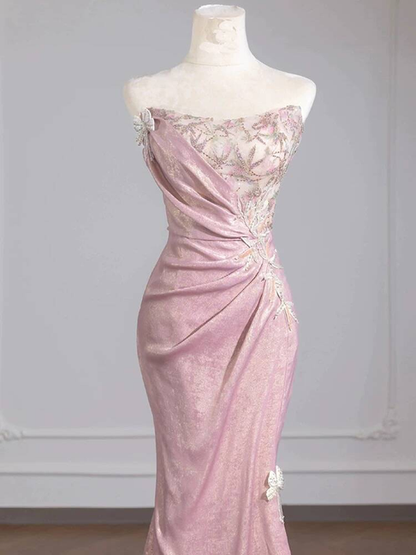 Sexy Meerjungfrau Trägerloses Rosa Ärmelloses Pailletten Langes Ballkleid Partykleid 21. Geburtstag Outfits Abschlusskleid AU274