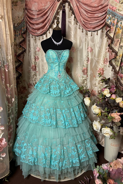 Robe de bal vintage bustier en tulle bleu ornée de perles, robe de bal longue pour quinceañera ou sweet 15/16 ans AU274