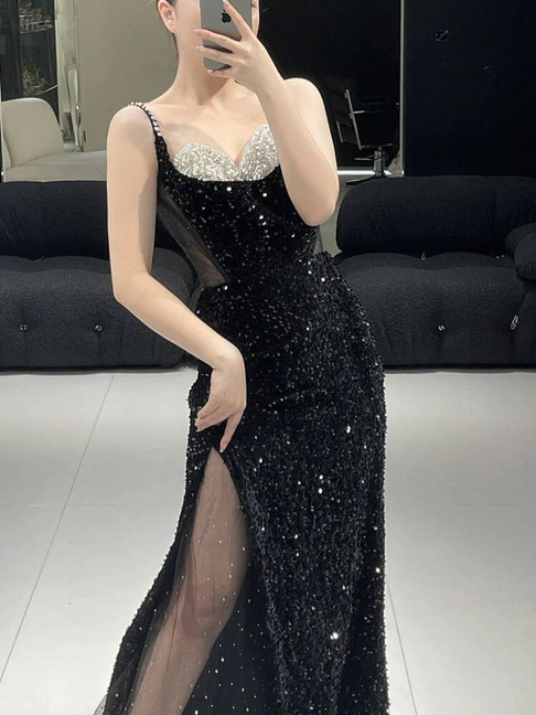 Robe de bal longue noire à bretelles spaghetti et paillettes, style sirène, tenue de soirée pour 21e anniversaire, robe de remise de diplôme, AU275