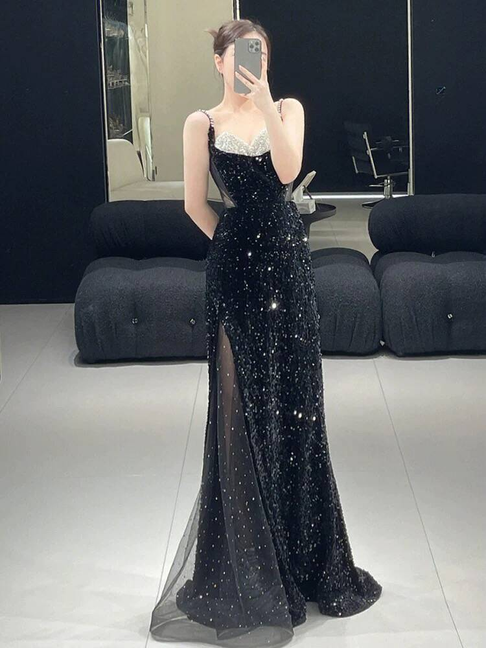 Robe de bal longue noire à bretelles spaghetti et paillettes, style sirène, tenue de soirée pour 21e anniversaire, robe de remise de diplôme, AU275