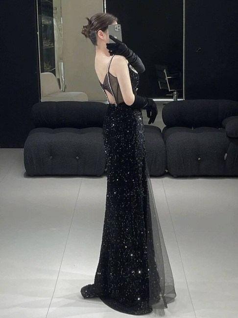 Robe de bal longue noire à bretelles spaghetti et paillettes, style sirène, tenue de soirée pour 21e anniversaire, robe de remise de diplôme, AU275