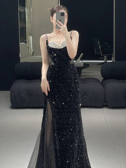 Robe de bal longue noire à bretelles spaghetti et paillettes, style sirène, tenue de soirée pour 21e anniversaire, robe de remise de diplôme, AU275