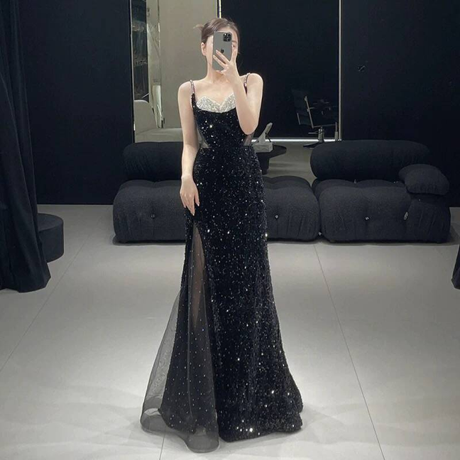 Robe de bal longue noire à bretelles spaghetti et paillettes, style sirène, tenue de soirée pour 21e anniversaire, robe de remise de diplôme, AU275