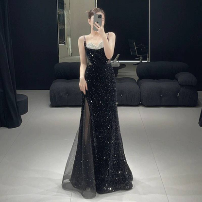 Robe de bal longue noire à bretelles spaghetti et paillettes, style sirène, tenue de soirée pour 21e anniversaire, robe de remise de diplôme, AU275