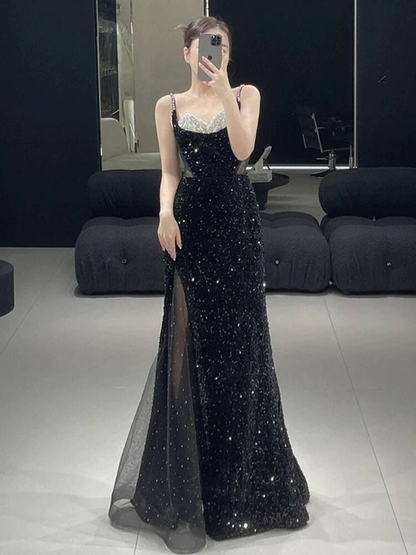 Robe de bal longue noire à bretelles spaghetti et paillettes, style sirène, tenue de soirée pour 21e anniversaire, robe de remise de diplôme, AU275