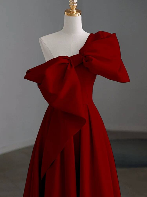 Modest A Line One Shoulder Red Satin Long Prom Dresses Inspiration Party Dress Princess Graduation Dress AU277