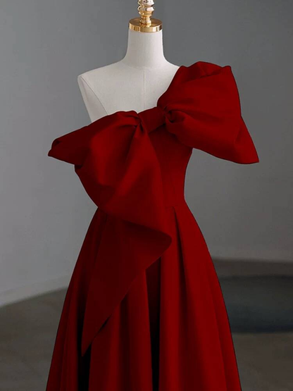 Modest A Line One Shoulder Red Satin Long Prom Dresses Inspiration Party Dress Princess Graduation Dress AU277