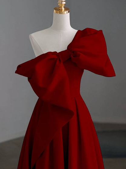 Modest A Line One Shoulder Red Satin Long Prom Dresses Inspiration Party Dress Princess Graduation Dress AU277