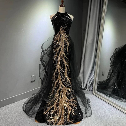 Modest Mermaid Scoop Sequin Black With Gold Lace Long Prom Dresses Party Dress 21st Birthday Outfits Graduation Dress AU278