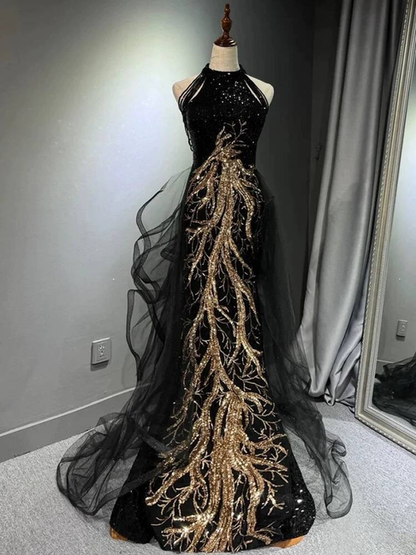 Modest Mermaid Scoop Sequin Black With Gold Lace Long Prom Dresses Party Dress 21st Birthday Outfits Graduation Dress AU278
