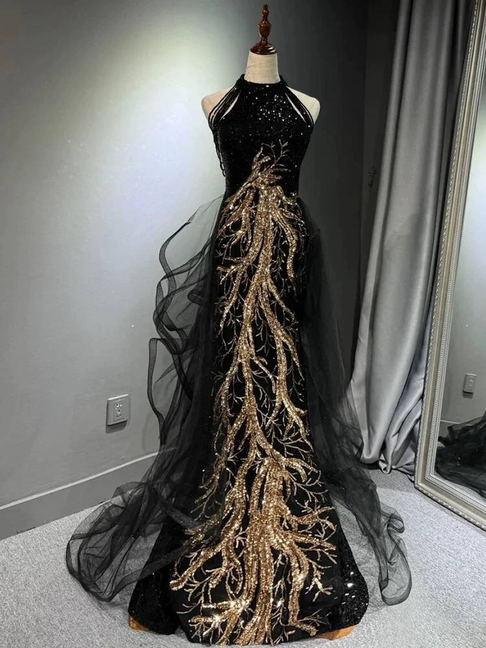 Modest Mermaid Scoop Sequin Black With Gold Lace Long Prom Dresses Party Dress 21st Birthday Outfits Graduation Dress AU278