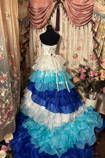 Robe de bal vintage sans bretelles et sans manches, à plusieurs couches de mousseline, robe de bal longue pour quinceañera, robe d'anniversaire pour les 15 ou 16 ans (AU280)