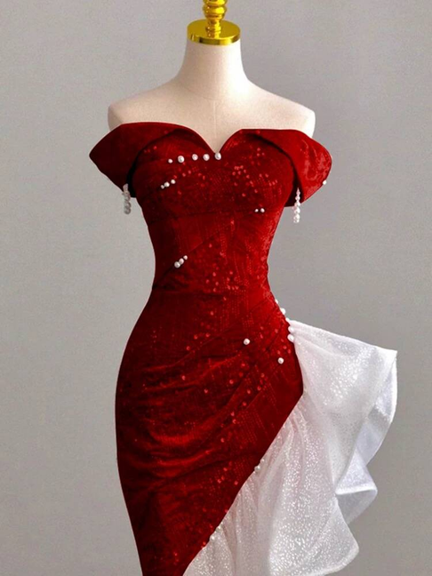 Robe de bal sirène scintillante, épaules dénudées, paillettes rouges, robe de soirée, tenue d'anniversaire, robe de remise de diplôme, AU281