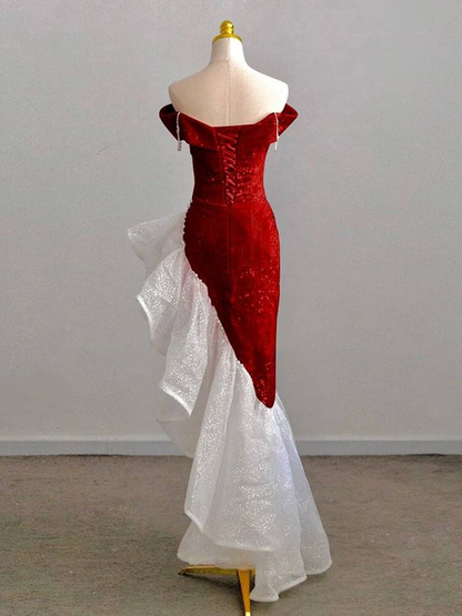 Robe de bal sirène scintillante, épaules dénudées, paillettes rouges, robe de soirée, tenue d'anniversaire, robe de remise de diplôme, AU281