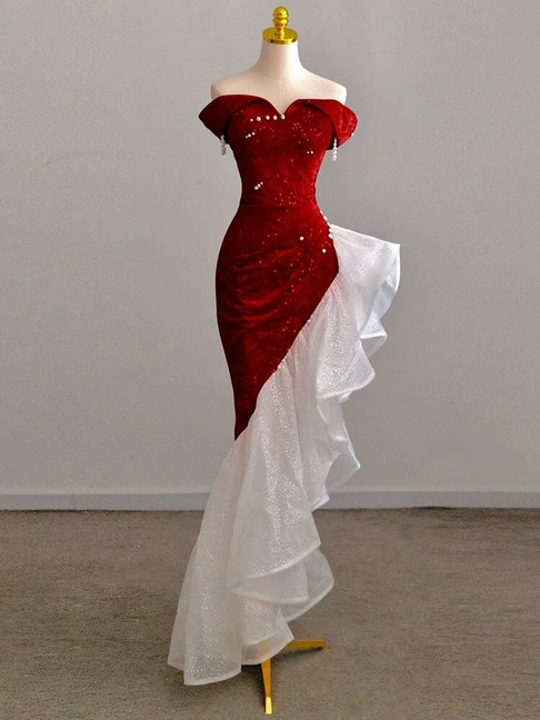 Robe de bal sirène scintillante, épaules dénudées, paillettes rouges, robe de soirée, tenue d'anniversaire, robe de remise de diplôme, AU281