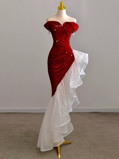 Robe de bal sirène scintillante, épaules dénudées, paillettes rouges, robe de soirée, tenue d'anniversaire, robe de remise de diplôme, AU281