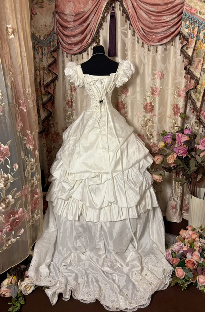 Robe de bal rétro années 70, col carré, satin ivoire, corset ajusté, robe de mariée longue, robe de mariée AU283