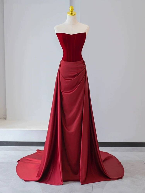 Modest Mermaid Strapless Red Long Prom Dresses Party Dress 21st Birthday Outfits Graduation Dress AU284