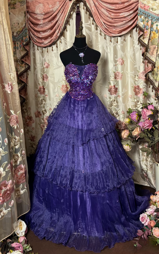Vintage Ball Gown Sweetheart Purple With Beads Ruffle Layers Long Quinceanera Dresses Sweet 15 16 Birthday Gown AU286