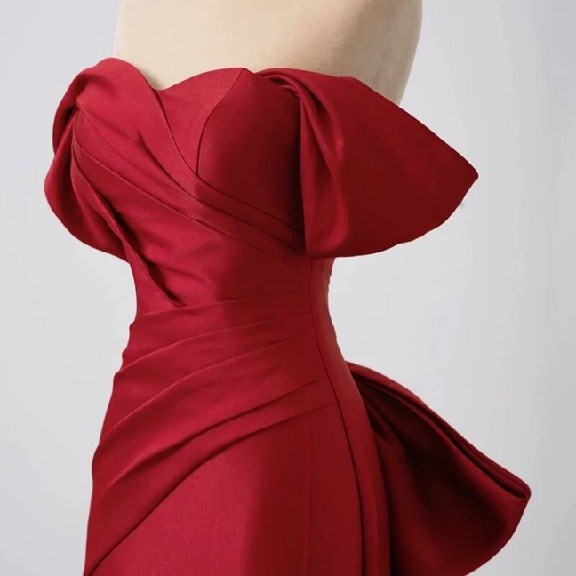 Modest Mermaid Off The Shoulder Red Satin Prom Dresses Party Dress 21st Birthday Outfits Graduation Dress AU287