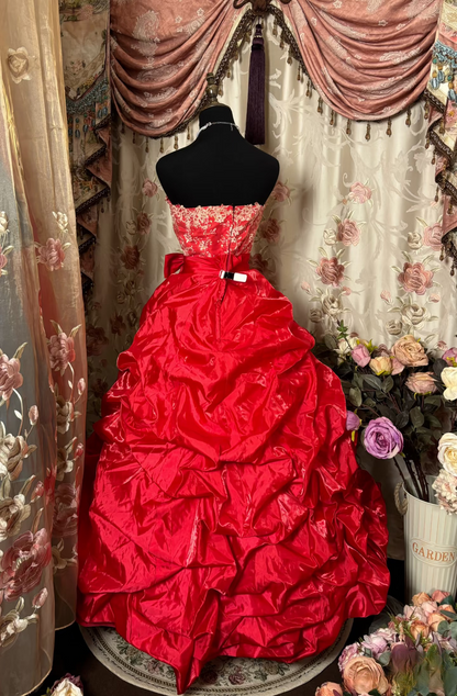 Robe de bal vintage rouge bustier ornée d'appliqués et de volants superposés, longue, idéale pour une quinceañera, un anniversaire de 15 ou 16 ans (AU287)