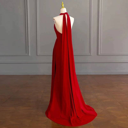Modest A Line Halter Red Chiffon Long Prom Dresses Inspiration Party Dress Princess Graduation Dress AU288