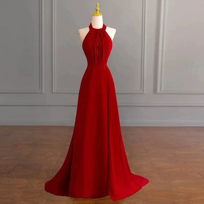 Modest A Line Halter Red Chiffon Long Prom Dresses Inspiration Party Dress Princess Graduation Dress AU288
