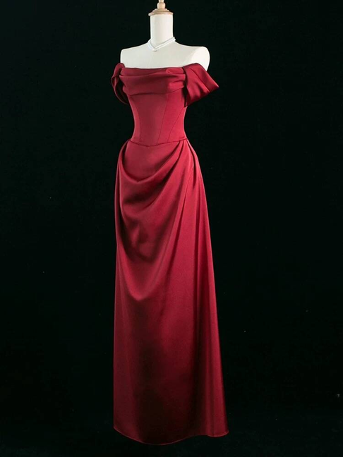 Modest A Line Off The Shoulder Burgundy Satin Prom Dresses Party Dress 21st Birthday Outfits Graduation Dress AU290
