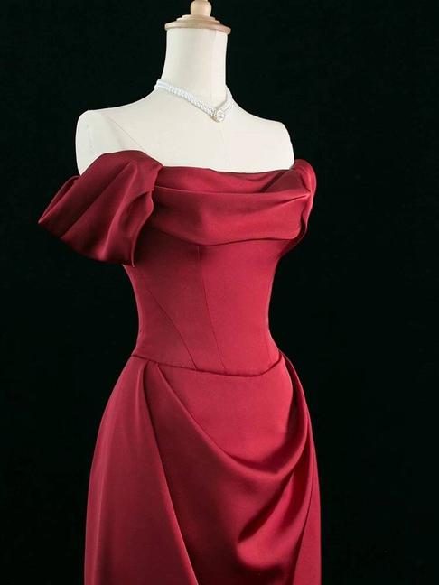Modest A Line Off The Shoulder Burgundy Satin Prom Dresses Party Dress 21st Birthday Outfits Graduation Dress AU290