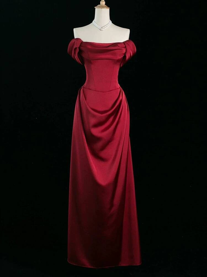 Modest A Line Off The Shoulder Burgundy Satin Prom Dresses Party Dress 21st Birthday Outfits Graduation Dress AU290
