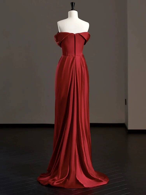 Bescheidene Meerjungfrau aus der Schulter Burgund Satin Ballkleider Partykleid 21. Geburtstag Outfits Abschlusskleid AU291