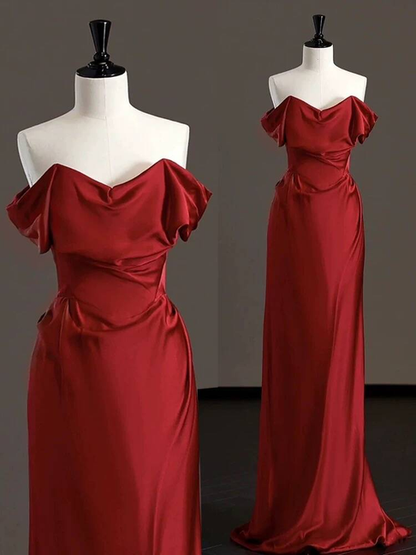 Bescheidene Meerjungfrau aus der Schulter Burgund Satin Ballkleider Partykleid 21. Geburtstag Outfits Abschlusskleid AU291