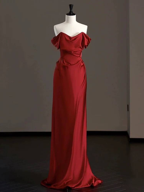 Bescheidene Meerjungfrau aus der Schulter Burgund Satin Ballkleider Partykleid 21. Geburtstag Outfits Abschlusskleid AU291