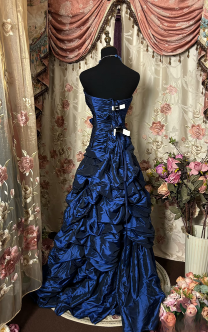Robe de bal longue bleu roi en taffetas, style sirène vintage années 70, sans manches, ornée de perles argentées (AU291)