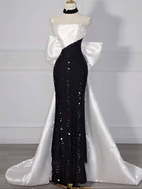 Bescheidene Meerjungfrau trägerlose schwarze Pailletten Ballkleider Partykleid 21. Geburtstag Outfits Abschlusskleid AU292
