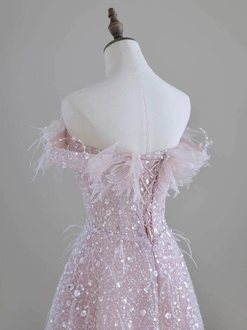 Robe de bal rose clair à paillettes, épaules dénudées, magnifique robe de princesse de remise de diplôme, AU295
