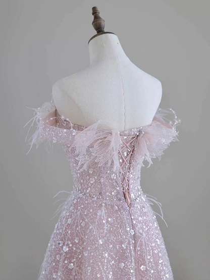 Robe de bal rose clair à paillettes, épaules dénudées, magnifique robe de princesse de remise de diplôme, AU295