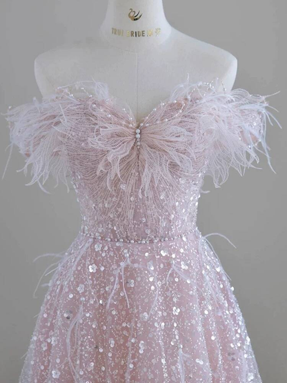 Robe de bal rose clair à paillettes, épaules dénudées, magnifique robe de princesse de remise de diplôme, AU295