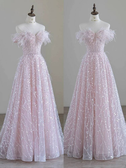 Robe de bal rose clair à paillettes, épaules dénudées, magnifique robe de princesse de remise de diplôme, AU295