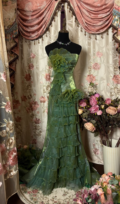 Vintage Mermaid Strapless 70s Sleeveless With Ruffles Long Prom Dresses Formal Evening Gowns AU295