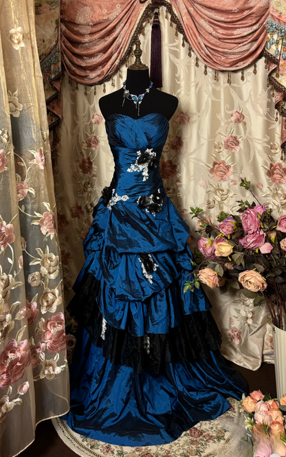 Robe de bal longue vintage sirène bleu marine années 70, sans manches et à volants, AU297